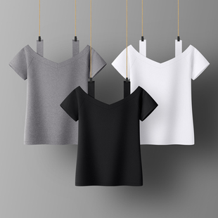 大领口露锁骨上衣女夏性感显瘦漏肩设计感t恤一字肩v领心机打底衫