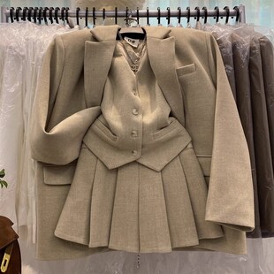 韩国东大门小个子马甲百褶短裙三件套毛呢西装外套A字套装裙子女