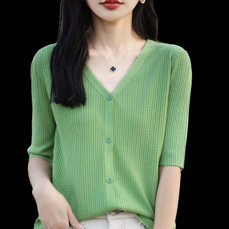 新款v领单穿外穿夏季五分袖宽松纽扣针织开衫中袖空调防晒衫上衣,女装/女士精品,毛针织衫,淘宝优惠券,粉丝福利购,淘宝优惠卷