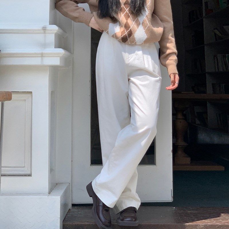 春季气质白色休闲裤女压褶皱高腰阔腿裤直筒裤显瘦拖地小众长裤子,女装/女士精品,休闲裤,淘宝优惠券,粉丝福利购,淘宝优惠卷