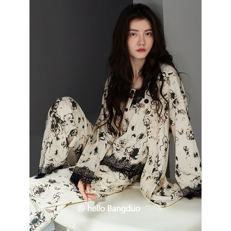 睡衣女春秋款纯棉长袖女款秋季吊带背心夏季高级感家居服三件套装