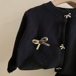 韩国童装女童套装裙春秋2024新款儿童洋气黑色针织毛衣外套半身裙