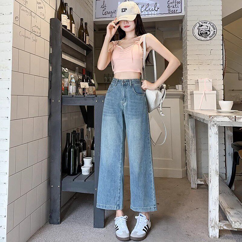 蓝色牛仔阔腿裤女夏季小个子九分裤高腰宽松显瘦窄版直筒阔腿裤子