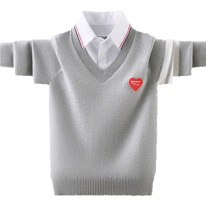 男童毛衣春秋薄款儿童纯棉针织衫中大童洋气男孩春装假两件打底衫