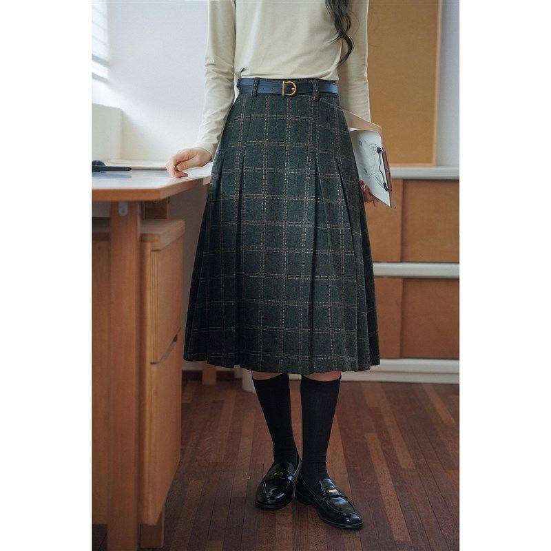 复古百搭高腰羊毛混纺毛呢格纹a字百褶半身裙女秋中长款格子半裙