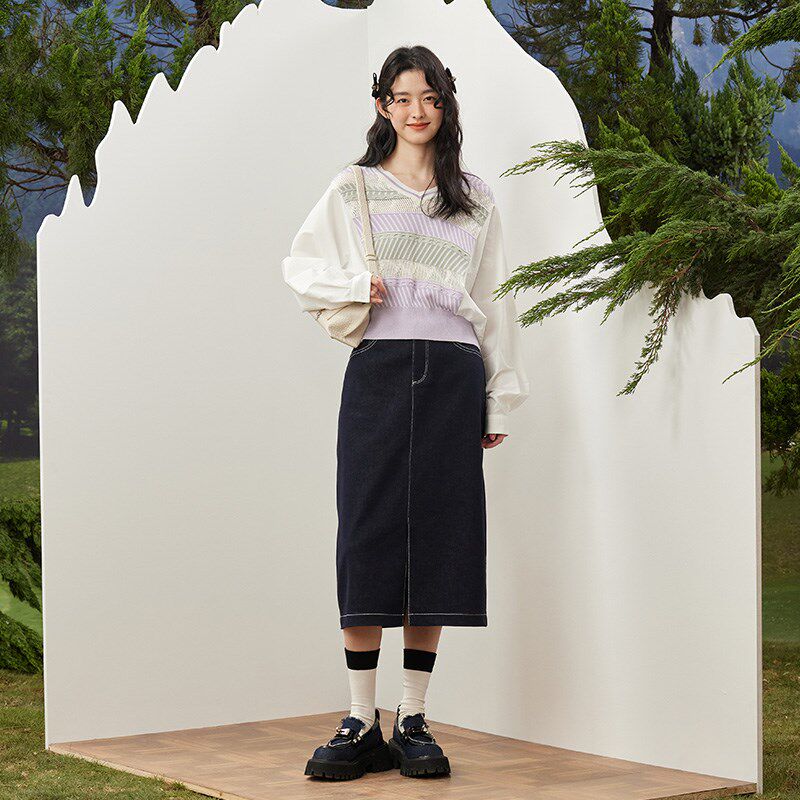 PIT复古蓝色牛仔半身裙女2024秋季新款前微开衩显高显瘦过膝裙子