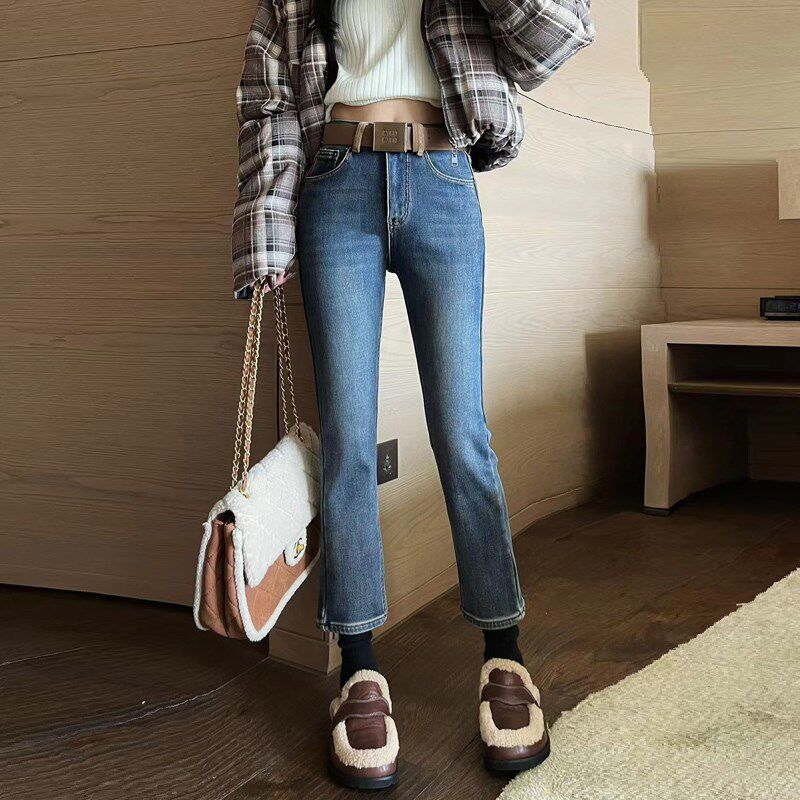 2024秋冬新款蓝色牛仔烟管裤女修身显瘦加绒保暖九分窄版直筒裤子