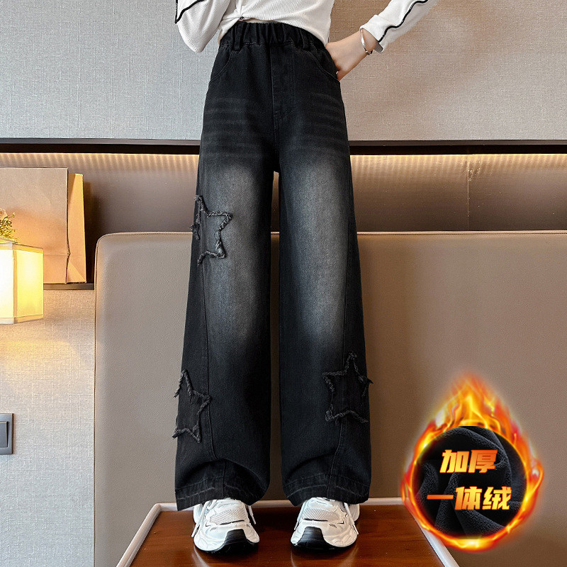 女童加绒裤子牛仔裤2023新款外穿儿童秋冬款一体绒阔腿裤大童黑色