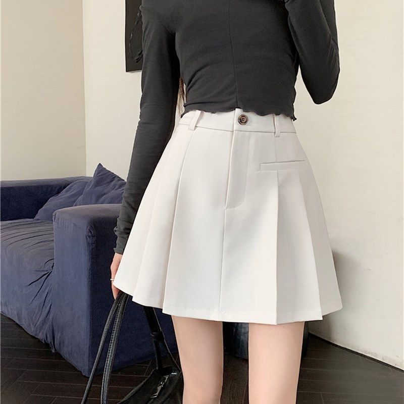 白色半身裙春季2024年新款大码高腰a字裙显瘦防走光西装百褶短裙
