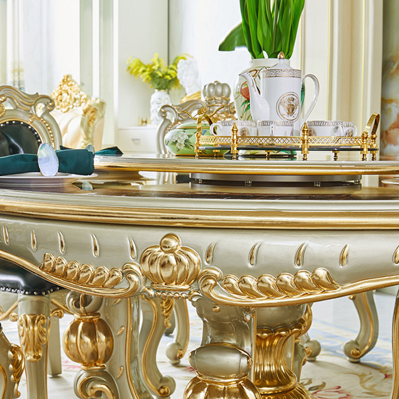 欧式大理石餐桌 美式别墅实木雕花描金银圆桌带转盘饭桌家用餐桌,住宅家具,大理石餐桌,淘宝优惠券,粉丝福利购,淘宝优惠卷