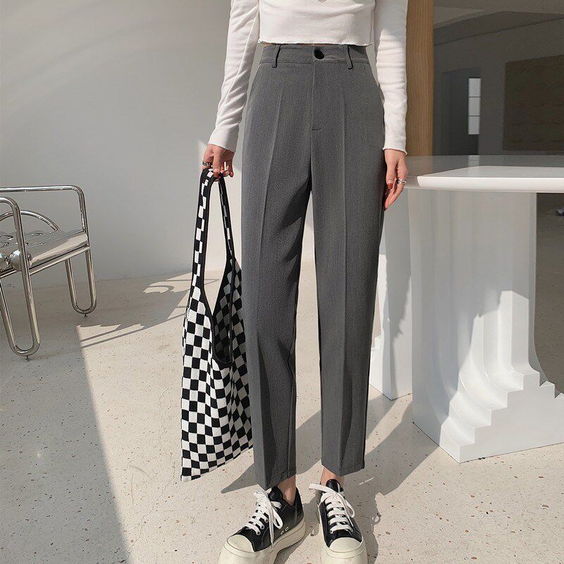 春秋垂感西装裤女百搭显瘦黑色休闲直筒裤大码九分哈伦小脚烟管裤