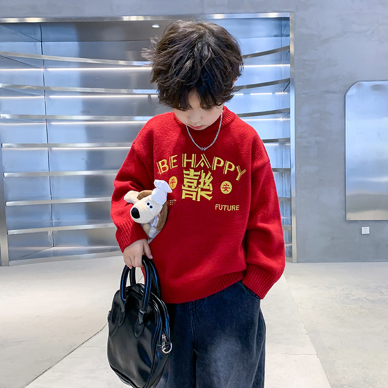 男童秋冬加厚红色圣诞毛衣2024新款儿童冬季半高领针织衫新年线衣