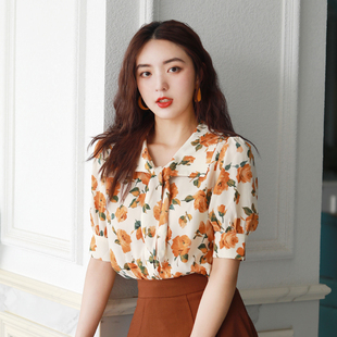 上衣雪纺衬衫 碎花短袖 OL收腰大摆a字半身裙女夏 复古休闲套装 法式