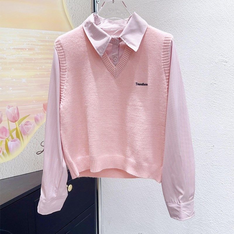 小个子粉色叠穿搭配~韩代款秋季洋气温柔条纹衬衫针织马甲假两件