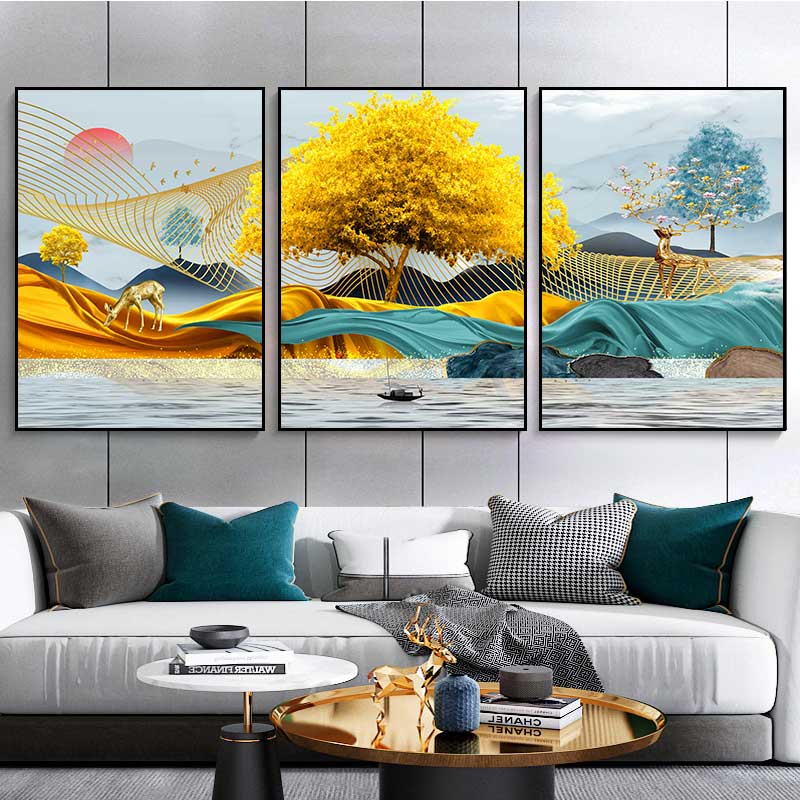 招财树客厅装饰画北欧风格沙发背景墙挂画石来运转三联画麋鹿壁画