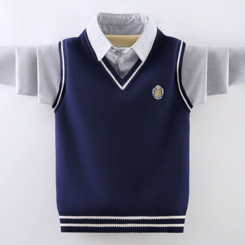 男童假两件衬衫翻领毛衣套头春秋冬儿童线衣中大童男孩针织打底衫