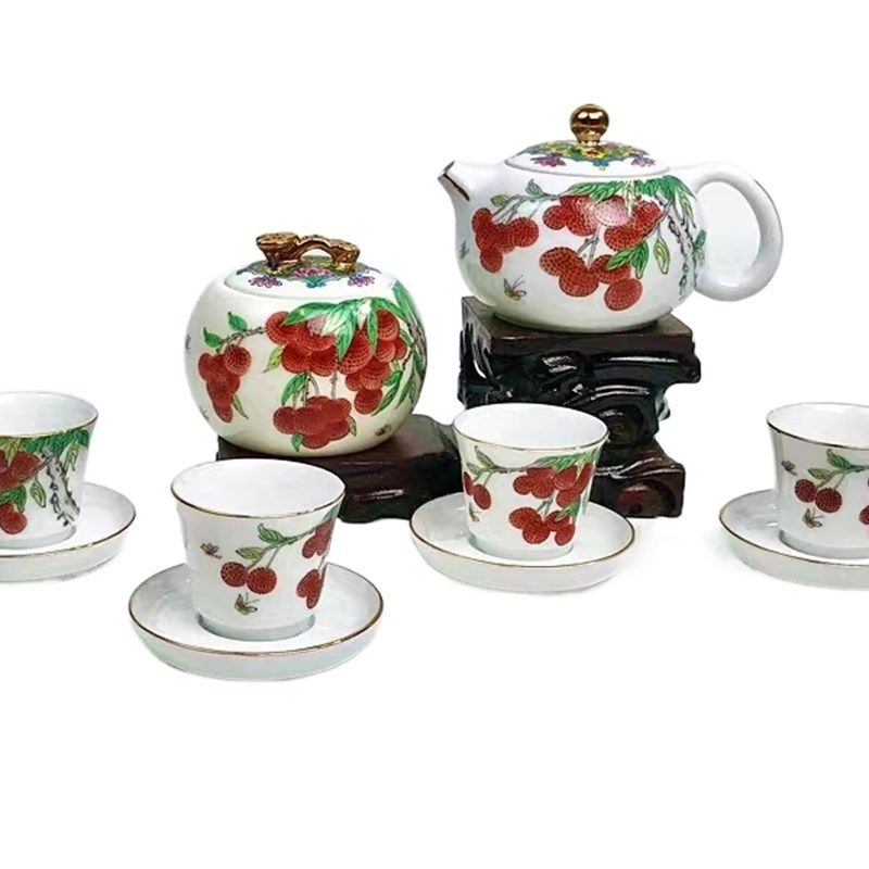 紫云阁广彩荔枝红棉茶具整套 岭南特色工艺品 广州手信礼品  彩绘