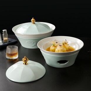 酒店餐厅中式陶瓷汤盘圆形干锅菜盘带盖蜡烛加热保温明炉会所餐具