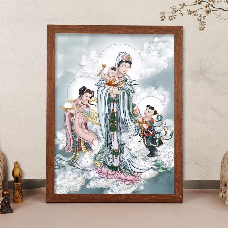 送子观音挂画像摆台求子送子娃娃五子图观音菩萨结缘装饰画摆件