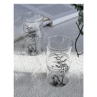 Qumin 新中式水墨画竹节玻璃水杯古色古香设计高颜值家用饮品茶杯
