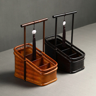 竹编提篮家用收纳筐多功能大漆置物筐中式仿古收纳盒竹篮子手提篮