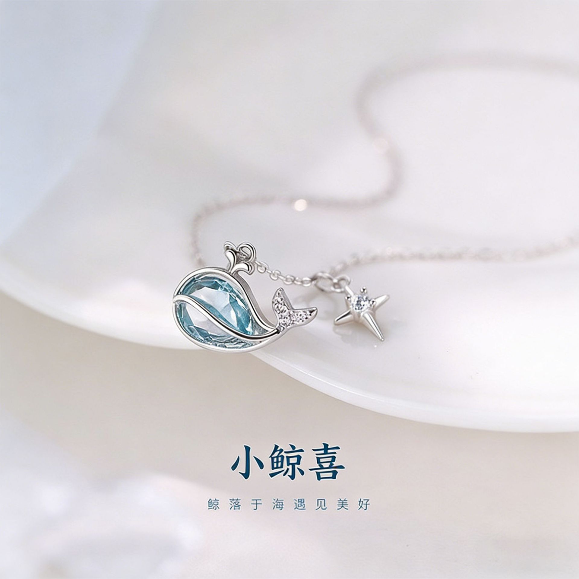 蒂奇S925纯银鲸鱼项链女小众高级感蓝色锆石锁骨链轻奢爆款首饰品图片