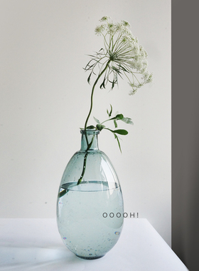 OOOOH!不规则椭圆形手工气泡玻璃花瓶/淡蓝色水滴形透明玻璃花瓶