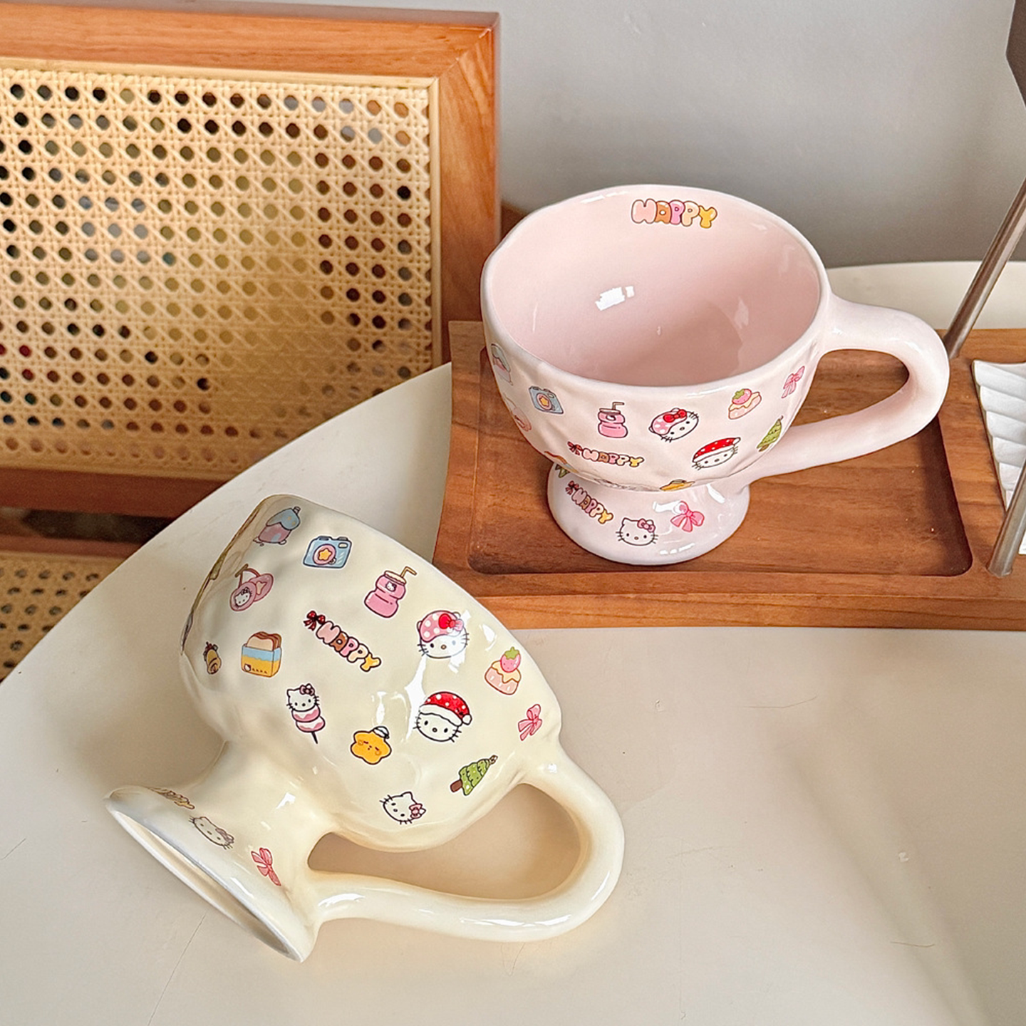 陶瓷奶油风高脚杯子家用马克杯少女心高颜值卡通早餐杯女杯子礼物