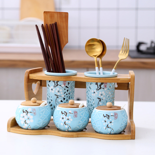 欧式陶瓷易清洗调味罐套装玻璃调味盒骨瓷防霉镂空筷子筒竹木架