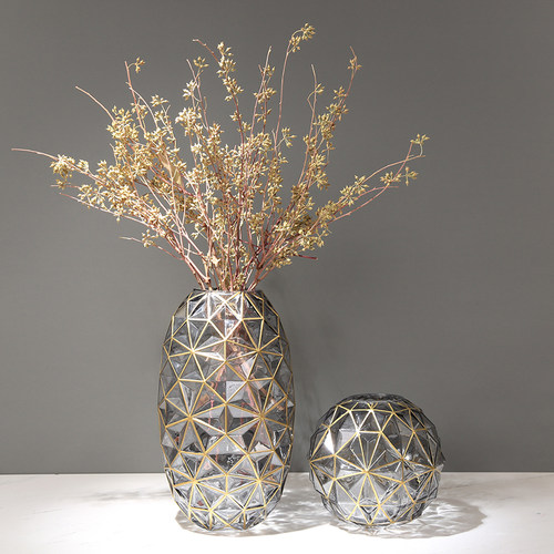 创意可水培描金透明玻璃花瓶摆件客厅样板间餐桌玄关插花花器装饰