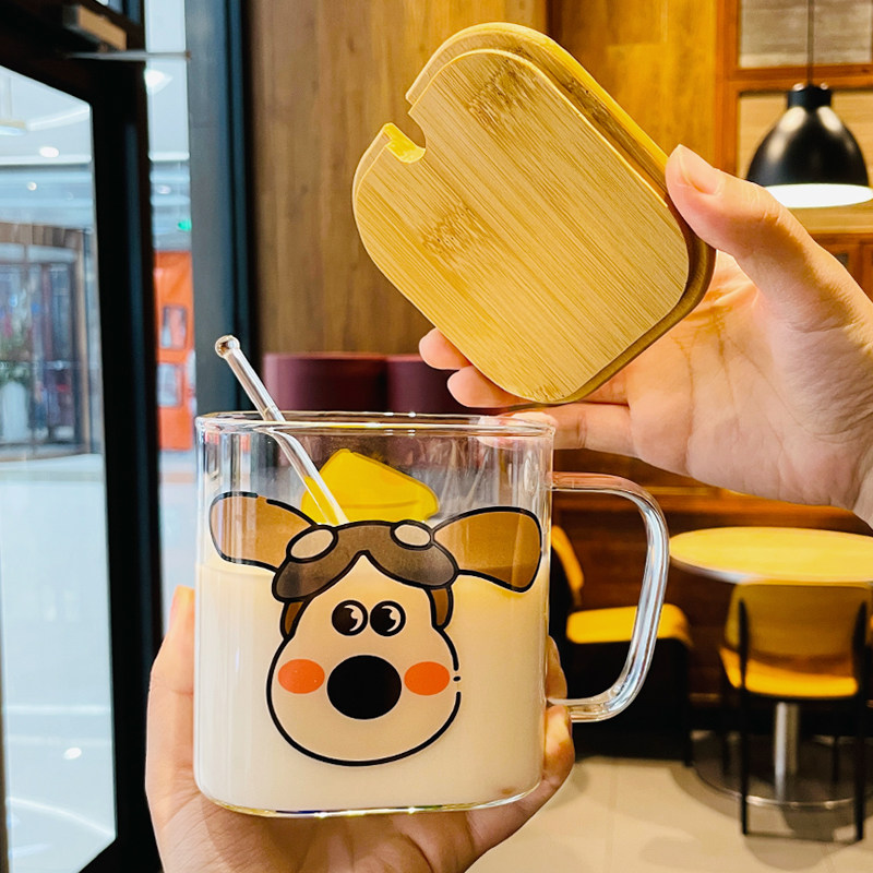 卡通方形水杯小清新耐高温玻璃杯办公室宿舍用带把手牛奶杯咖啡杯