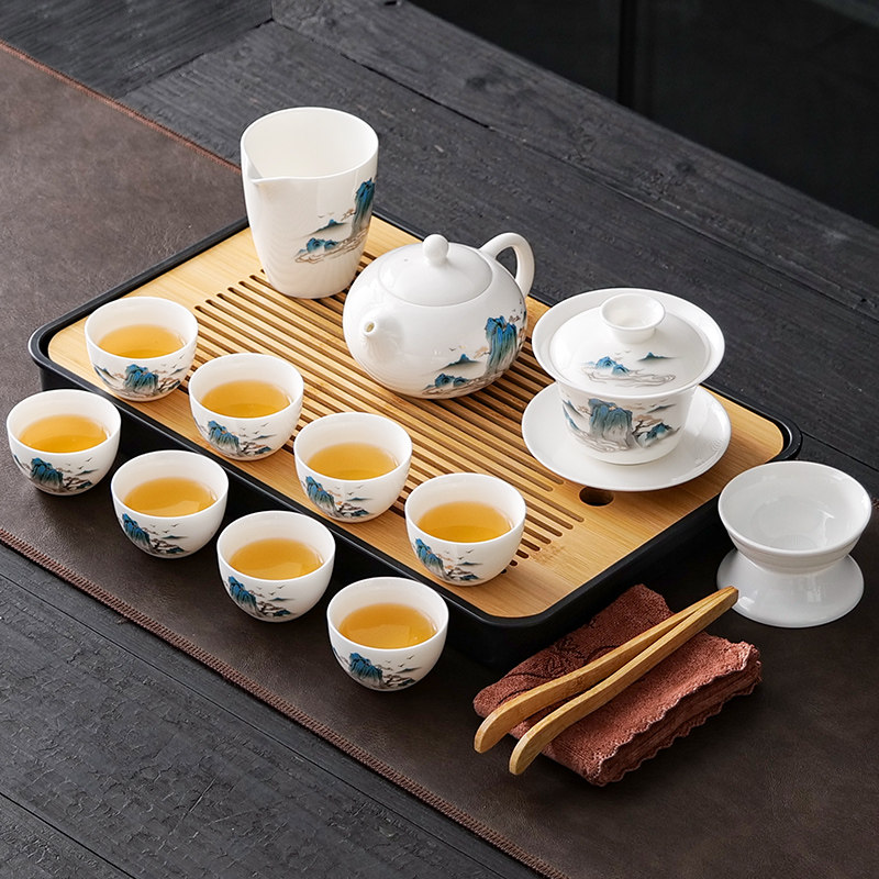2023新款羊脂玉功夫茶具套装家用茶壶茶艺教学培训高档白瓷茶杯