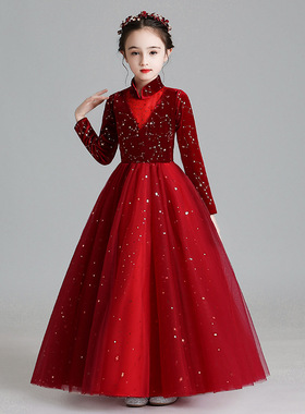 大码红色礼服公主裙女大童蓬蓬纱花童生日小女孩主持人钢琴演出服