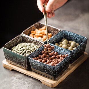 新款陶瓷盘小吃零食碟盘干果坚果盘客厅糖果碟水果竹木托盘拼盘子