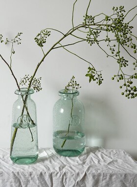 OOOOH复古绿细口小肚瓶马醉木吊钟花瓶插枝水培手工玻璃花瓶