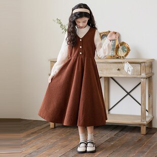 中大女童长袖连衣裙2024新款洋气假两件公主裙女孩时髦秋冬装裙子