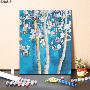 数字油画diy手工制作填充浪漫梧桐花手绘涂色梧桐树丙烯油彩画画