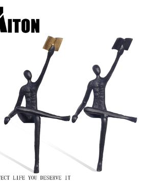 现代创意金属抽象人物看书雕塑摆件样板房售楼处客厅玄关软装饰品