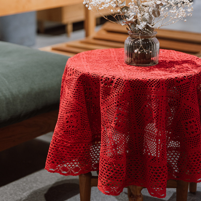 喜庆红仿钩针镂空桌布长方形圆形餐桌茶几床头柜斗柜电视柜盖巾台,居家布艺,桌布,淘宝优惠券,粉丝福利购,淘宝优惠卷