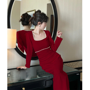 敬酒服新娘平时可穿冬季长袖酒红色回门便装结婚订婚礼服连衣裙女