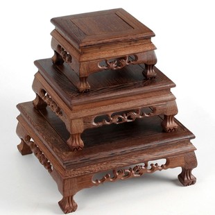 雅轩斋红木雕刻镂空工艺品摆件玉器奇石底座 鸡翅木正方形虎脚台