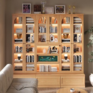 实木组合书柜带玻璃门樱桃木一体整墙展示柜卡座去客厅背景墙书柜