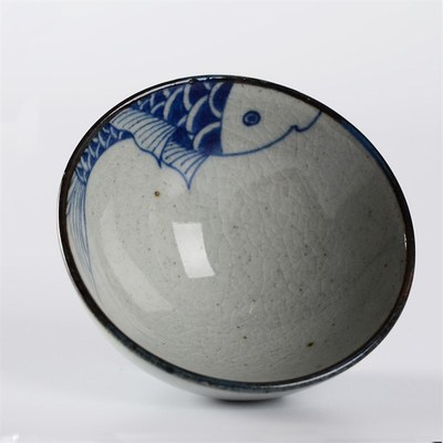 粗陶釉下彩青花茶碗手绘荷趣鱼乐图品茗杯手工开片裂纹斗笠主人杯