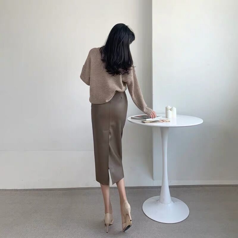 秋冬季女咖色小皮裙气质半身裙修身中长款直筒高腰一步裙PU包臀裙,女装/女士精品,半身裙,淘宝优惠券,粉丝福利购,淘宝优惠卷