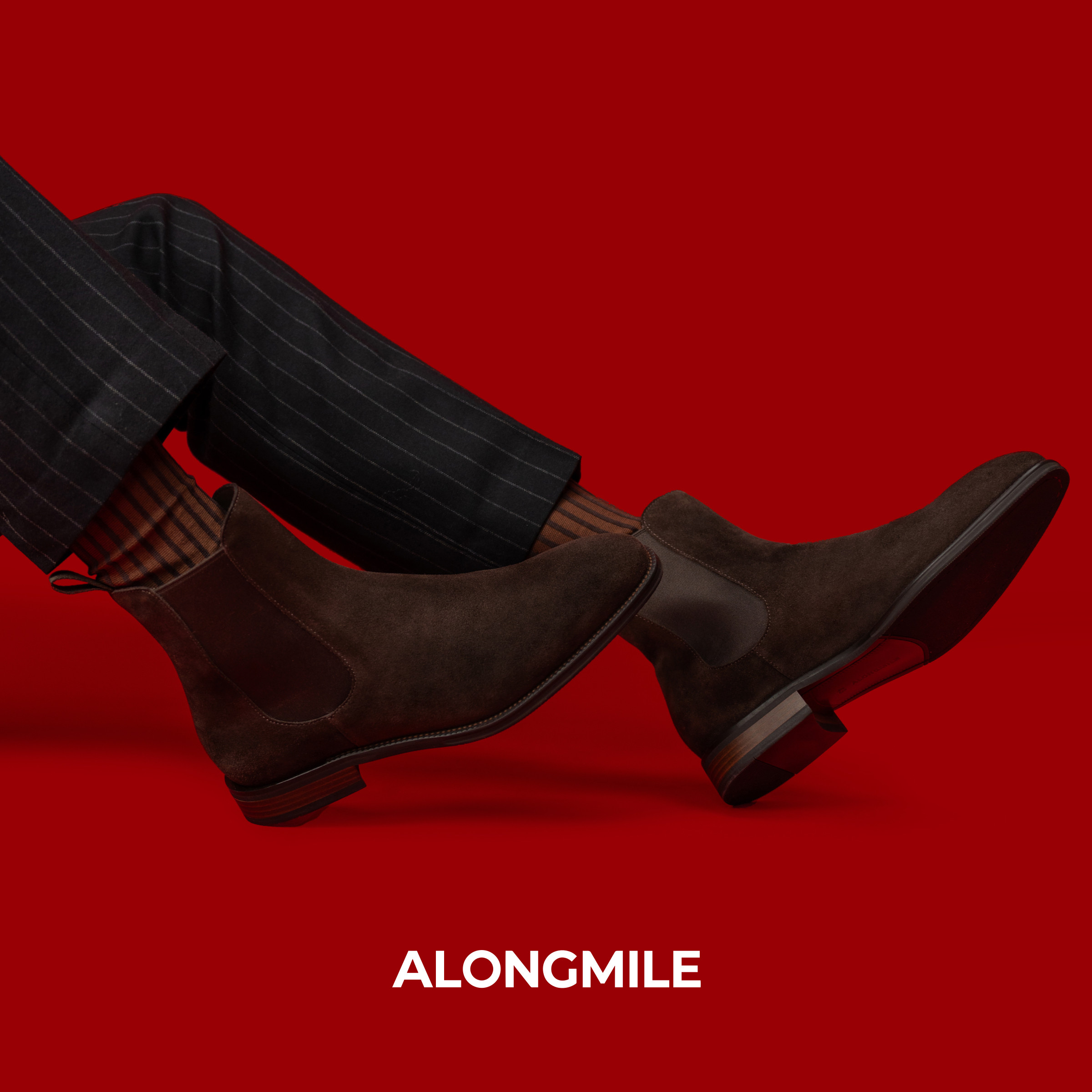 ALONGMILE棕色反绒皮麂皮切尔西靴男士短靴手工皮鞋男靴英伦复古