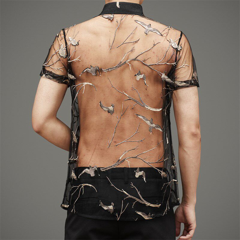 KTV男士透明工作服短袖衬衣夏季男装镂空衬衫修身个性感网纱上衣