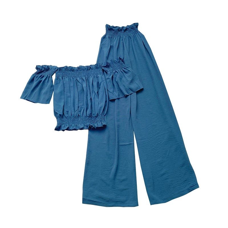 时尚百搭花苞一字领露肩短袖上衣+高腰显瘦阔腿长裤两件套装女,女装/女士精品,时尚套装,淘宝优惠券,粉丝福利购,淘宝优惠卷