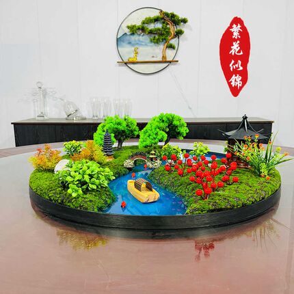 酒店会所餐桌大圆桌桌面创意摆件转盘中间造景摆花微景观装饰品