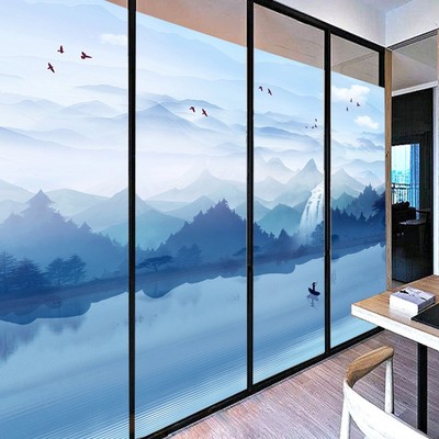 透光不透明玻璃磨砂静电贴膜办公室移门防窥阳台贴纸中式山水窗户