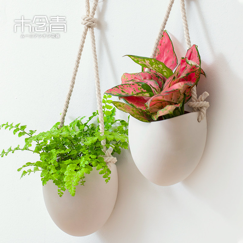 吊篮花盆白色陶瓷墙上壁挂式免打孔水培绿萝创意装饰吊盆悬挂式